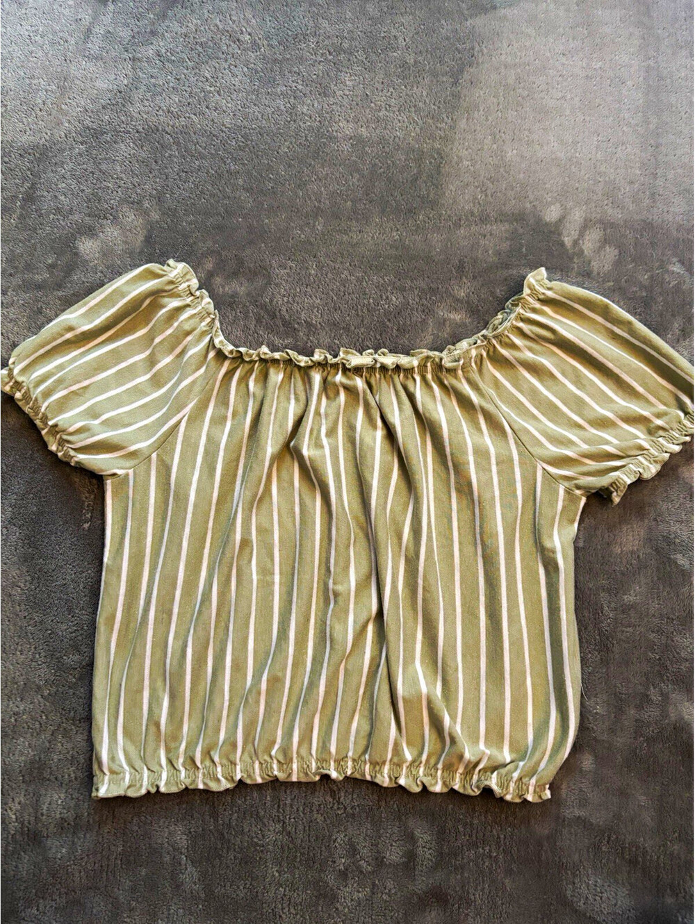American Eagle Green/White Striped Off Shoulder Ruffle Puff Sleeve Crop XS